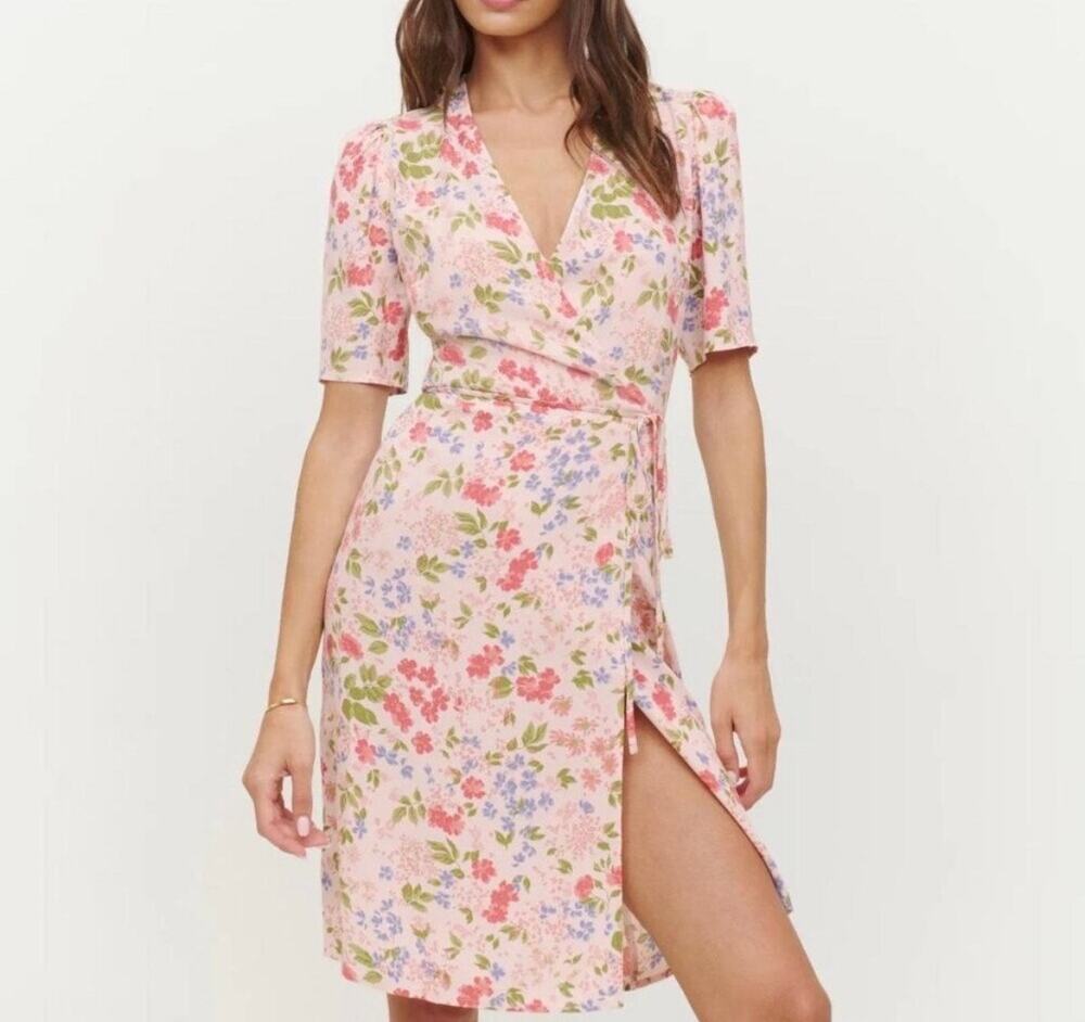 New Reformation Laurent Dress Wrap Esmee Pink Floral Small NWT Short Sleeve
